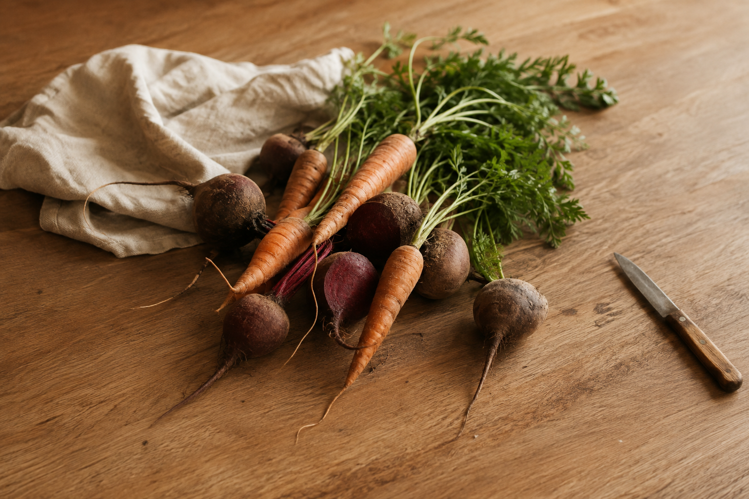 Fresh carrots and beets arranged on a wooden table